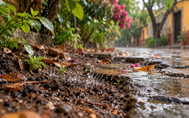 Pavimento mojado en una calle urbana después de la lluvia, imagen relacionada con el olor a tierra húmeda