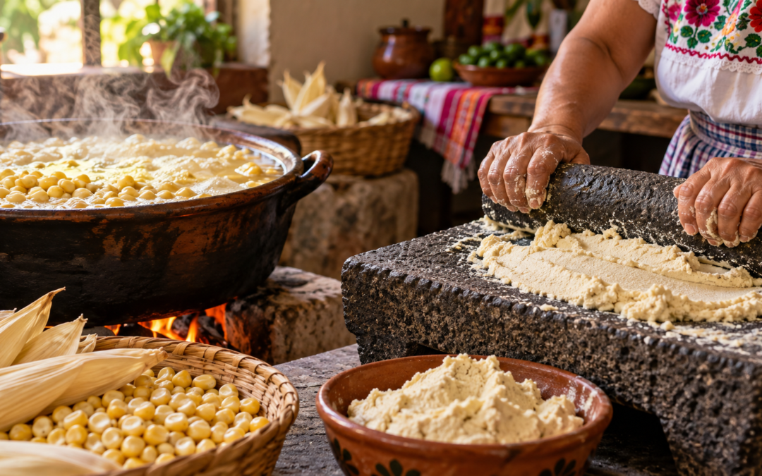 Ilustración de la nixtamalización del maíz y su transformación en masa para tortillas