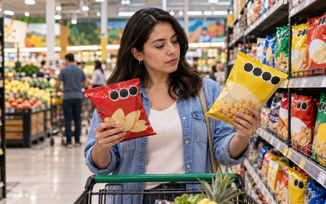 Sellos de advertencia nutrimental en un empaque, ilustración para leer etiquetas de alimentos