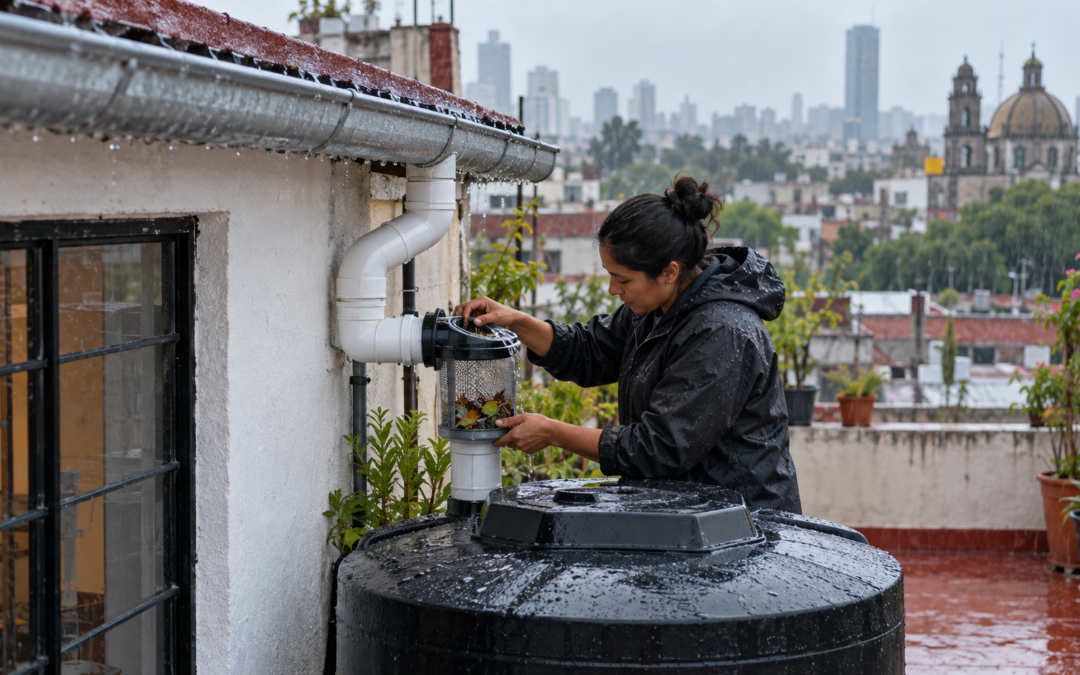 Sistema doméstico de captación pluvial representado en una guía visual sobre cuidado del agua