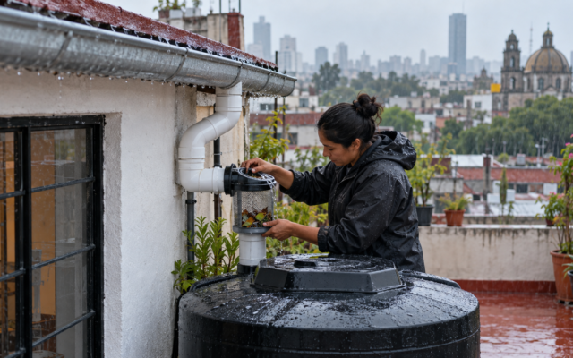 Sistema doméstico de captación pluvial representado en una guía visual sobre cuidado del agua