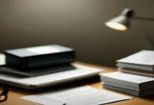 Escritorio de madera con pilas de documentos y carpetas oscuras iluminadas por una lámpara de oficina contra una pared gris