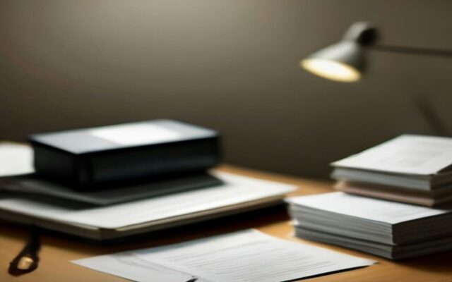 Escritorio de madera con pilas de documentos y carpetas oscuras iluminadas por una lámpara de oficina contra una pared gris