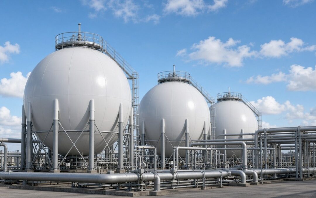 Tanques esféricos blancos de almacenamiento de gas y tuberías de acero en una terminal industrial bajo cielo azul, sin personas