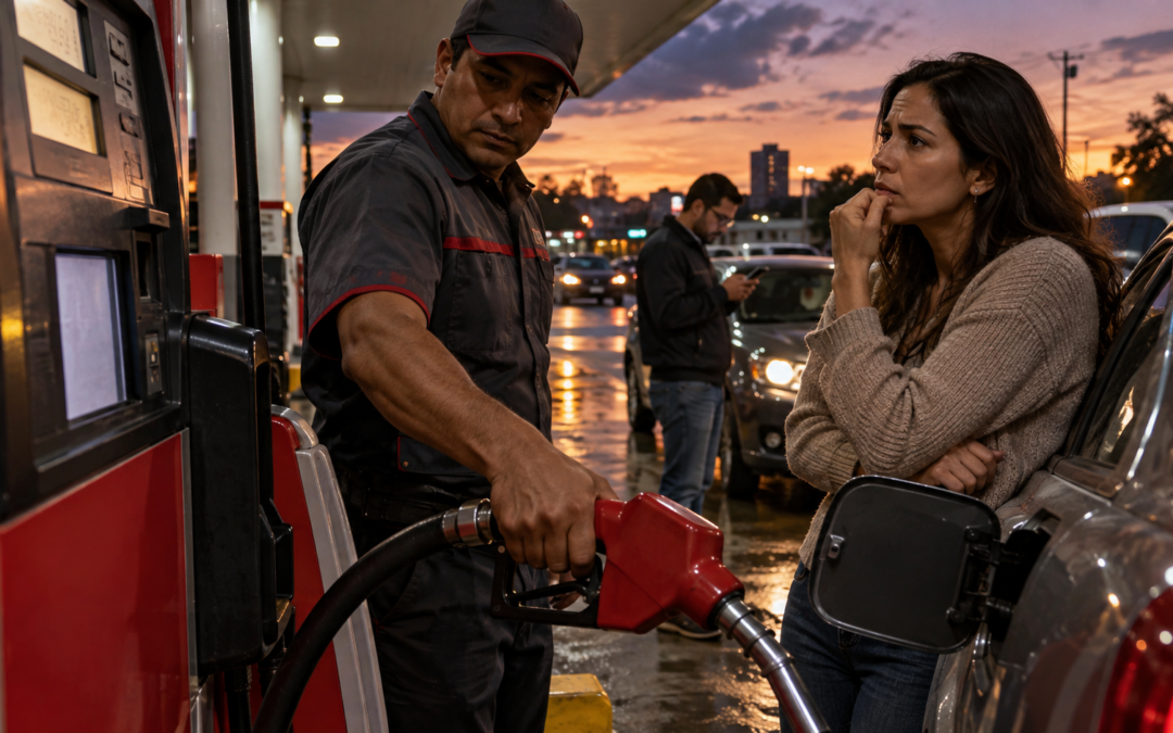 Conductora observa el surtidor mientras carga gasolina Premium en una estación sin marca