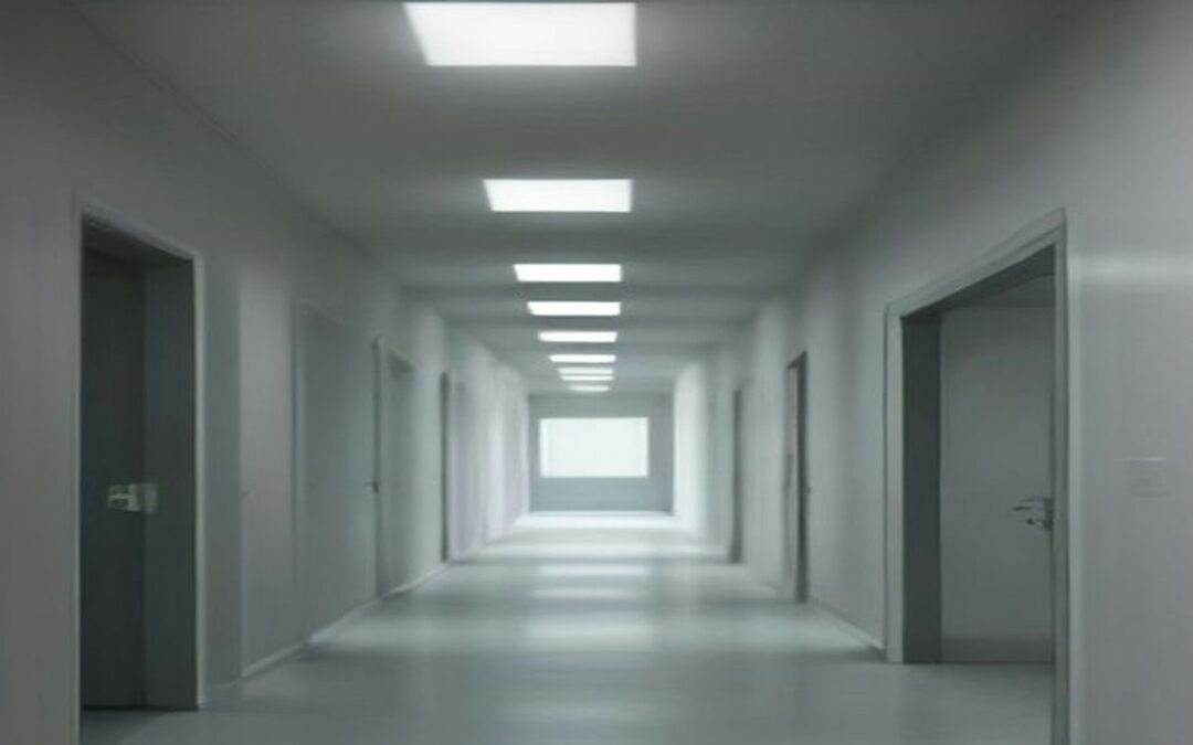 Pasillo largo de hospital con paredes blancas, puertas a ambos lados, piso brillante y lámparas de techo encendidas, sin personas