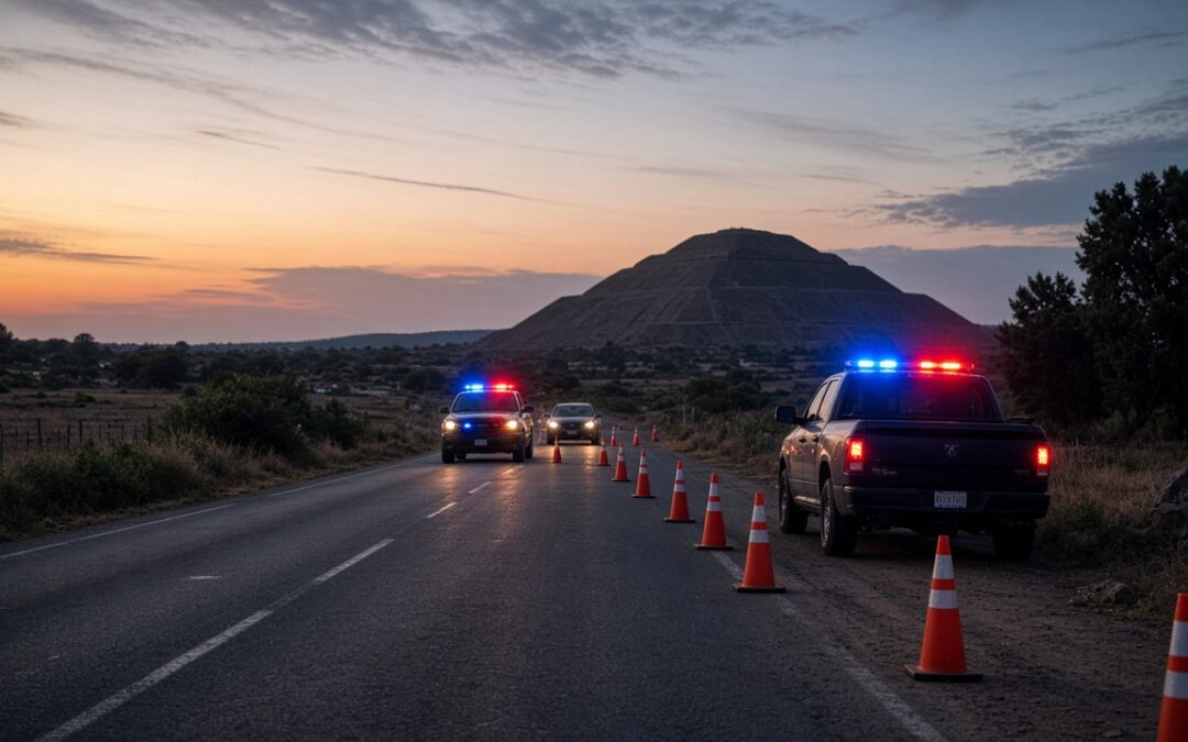 Carretera rural al atardecer con conos naranjas sobre el asfalto, luces rojas y azules desenfocadas y pirámides en el horizonte