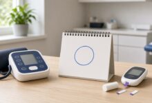 Escritorio de consultorio con un baumanómetro digital, un glucómetro y un calendario de escritorio con un círculo azul