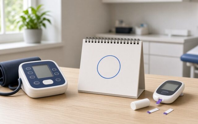 Escritorio de consultorio con un baumanómetro digital, un glucómetro y un calendario de escritorio con un círculo azul