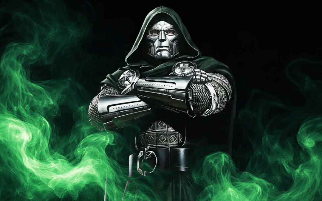Doctor Doom con máscara metálica y brazos cruzados rodeado de humo verde
