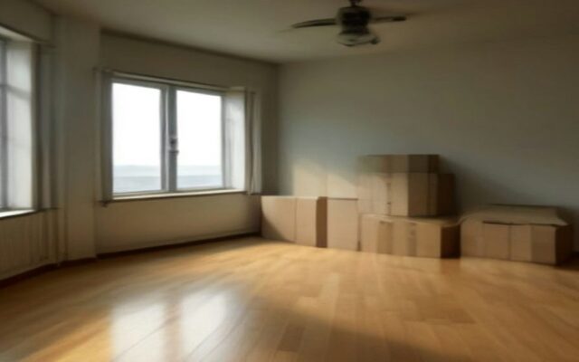 Departamento vacío con piso de madera, ventanas amplias y cajas de cartón apiladas junto a la pared