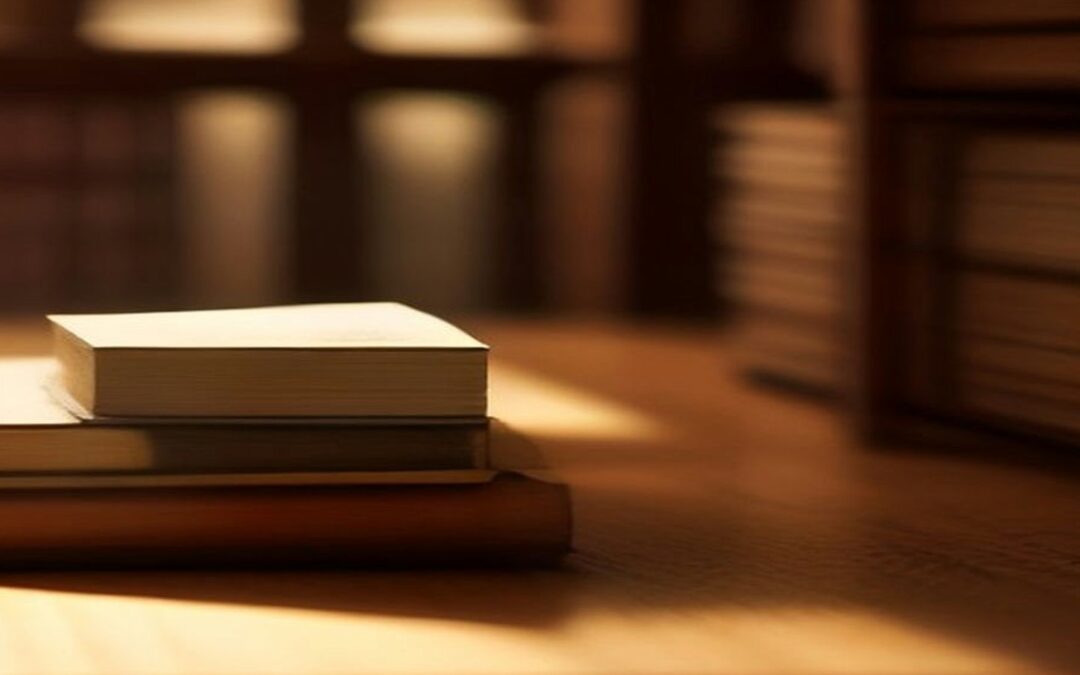 Libros cerrados apilados sobre un escritorio de madera iluminado por luz cálida, con estantes desenfocados al fondo