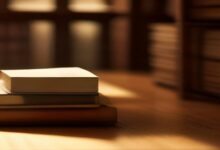 Libros cerrados apilados sobre un escritorio de madera iluminado por luz cálida, con estantes desenfocados al fondo