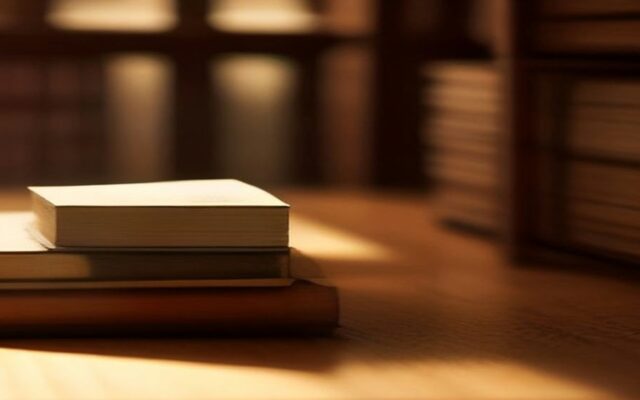Libros cerrados apilados sobre un escritorio de madera iluminado por luz cálida, con estantes desenfocados al fondo
