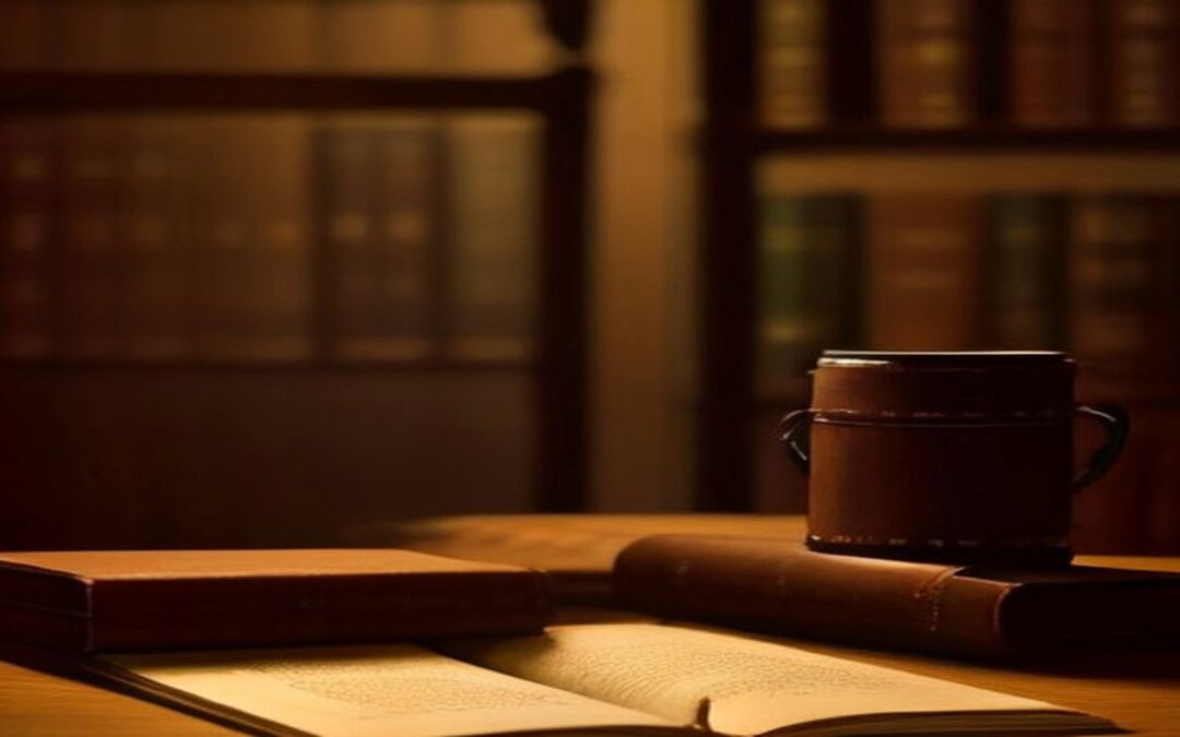 Libros antiguos de piel abiertos sobre un escritorio de madera frente a un librero con luz cálida