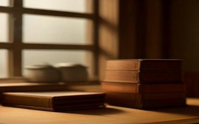 Pilas de libros antiguos sobre una mesa de madera junto a una ventana con luz suave