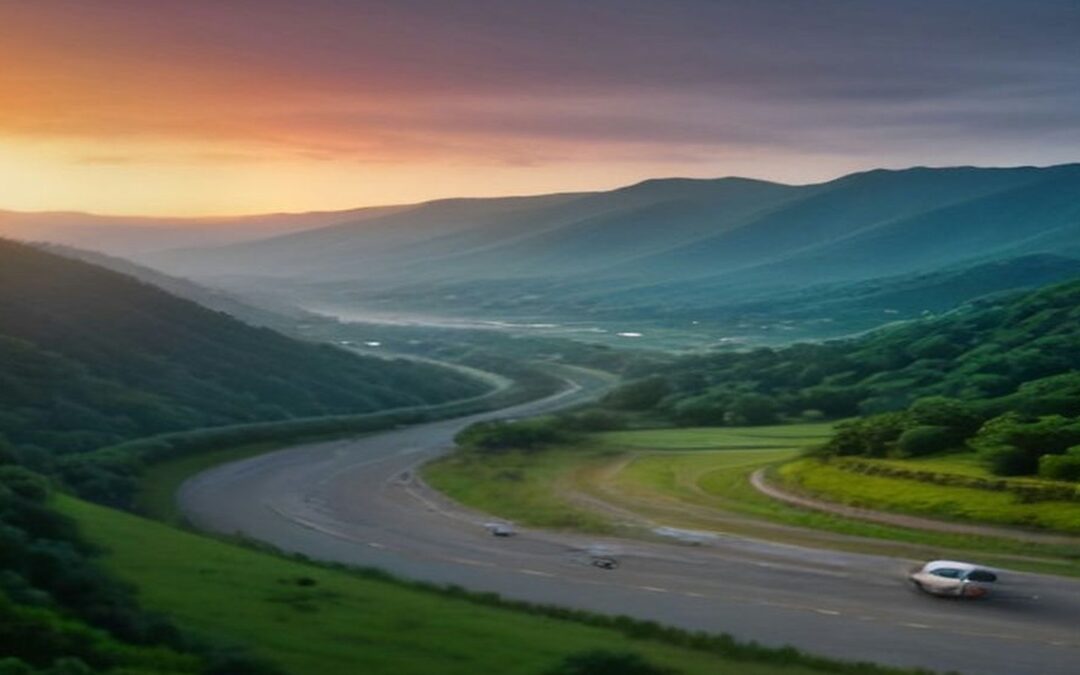 Carretera sinuosa que atraviesa un valle verde entre montañas al atardecer, con un vehículo blanco circulando y nubes anaranjadas en el horizonte