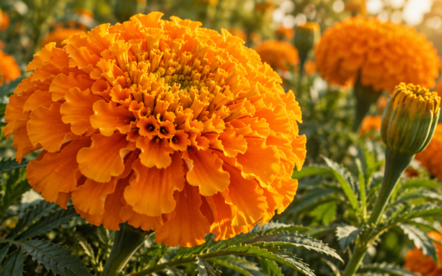 Ilustración de una cabezuela naranja de cempasúchil, con flores pequeñas agrupadas y hojas verdes al fondo.