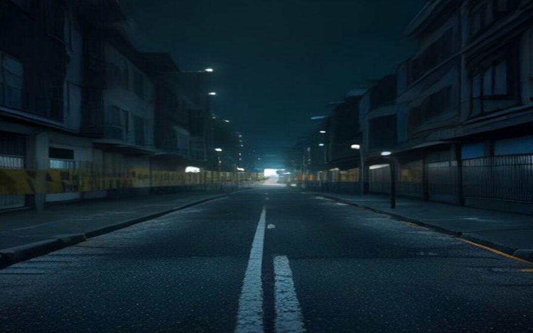 Calle urbana vacía de noche con líneas blancas en el pavimento, edificios a los lados y luces lejanas al fondo