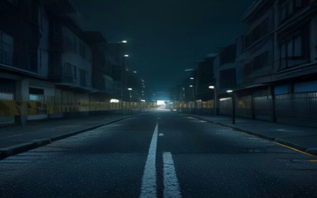 Calle urbana vacía de noche con líneas blancas en el pavimento, edificios a los lados y luces lejanas al fondo