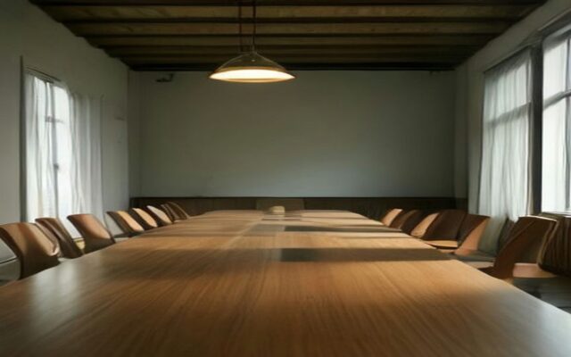 Larga mesa de juntas de madera con sillas vacías a los lados, ventanales y lámpara colgante en una sala iluminada