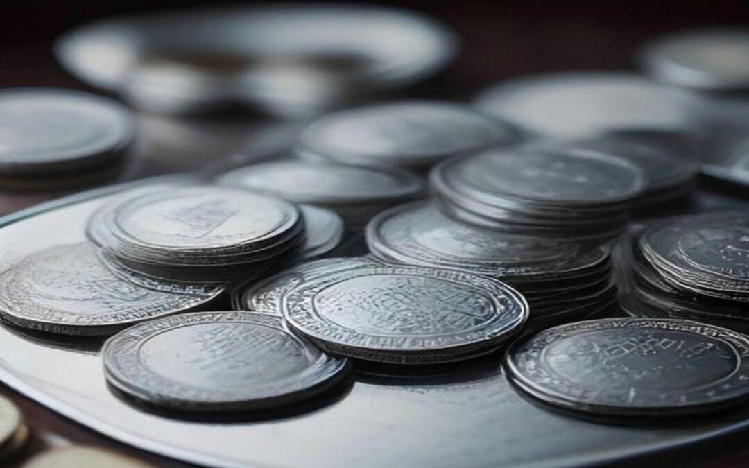 Montones de monedas plateadas sobre una charola metálica