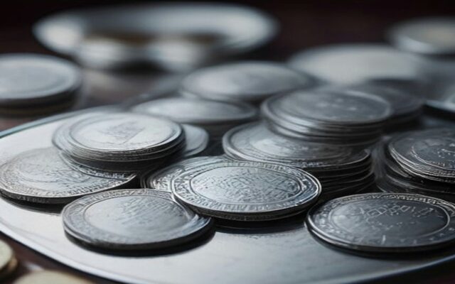Montones de monedas plateadas sobre una charola metálica