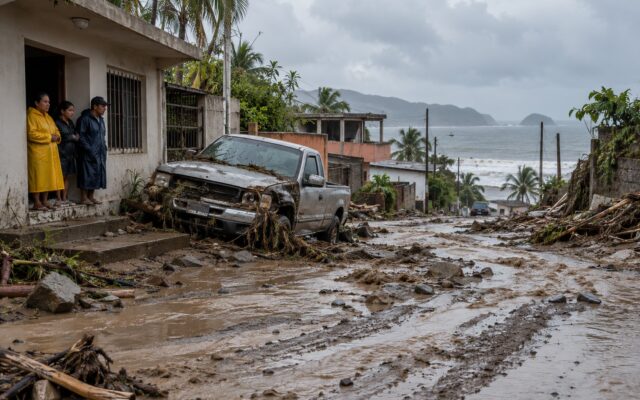 Vecinas observan desde una vivienda las inundaciones y los daños en una calle costera tras lluvias intensas.