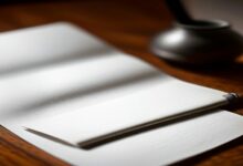 Hojas de papel en blanco y una pluma sobre un escritorio de madera pulida, con un objeto negro al fondo e iluminación lateral