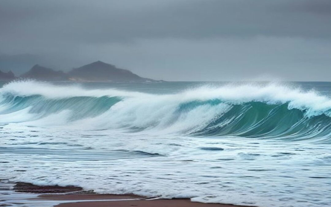 Olas grandes de color verde y blanco rompiendo junto a una playa de arena con montañas al fondo bajo un cielo gris