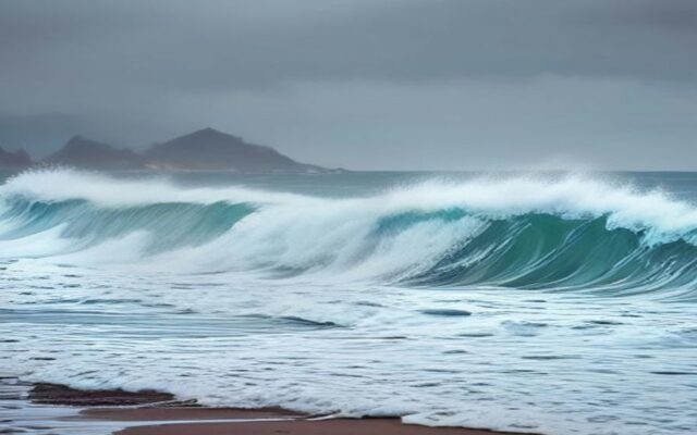 Olas grandes de color verde y blanco rompiendo junto a una playa de arena con montañas al fondo bajo un cielo gris