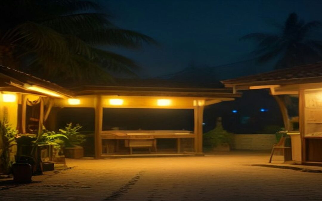 Plaza de un pueblo tropical de noche con techumbres de madera iluminadas por focos cálidos, plantas en macetas y palmeras recortadas contra el cielo oscuro