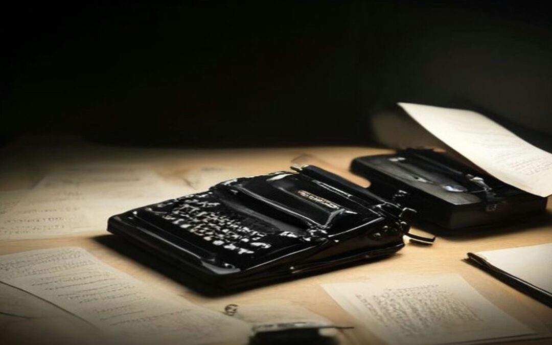 Máquina de escribir antigua de color negro sobre un escritorio de madera con hojas de papel dispersas, iluminada por una luz cálida y lateral en un ambiente oscuro