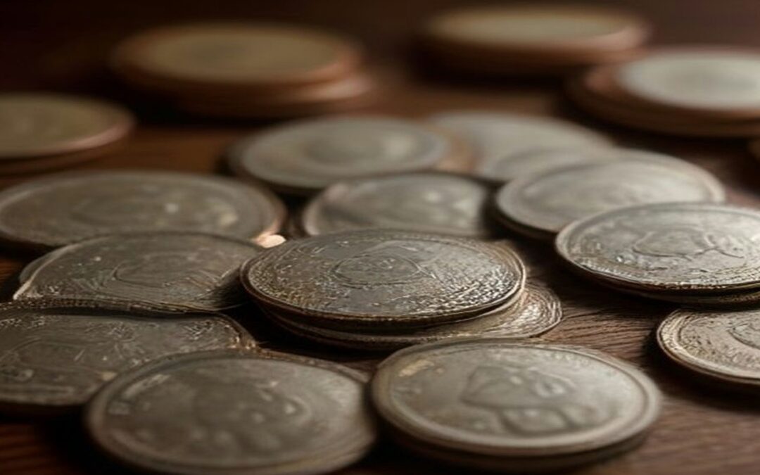 Montón de monedas plateadas sobre una mesa de madera oscura, iluminadas con luz cálida y fondo desenfocado