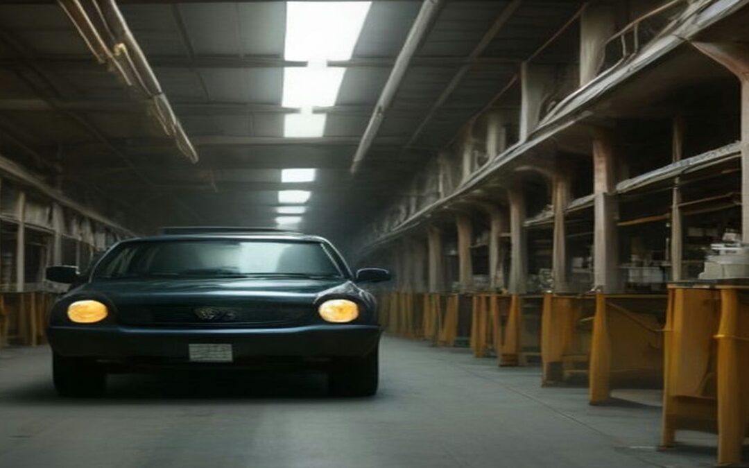 Automóvil oscuro con los faros encendidos dentro de una nave industrial larga con columnas y mesas de trabajo amarillas