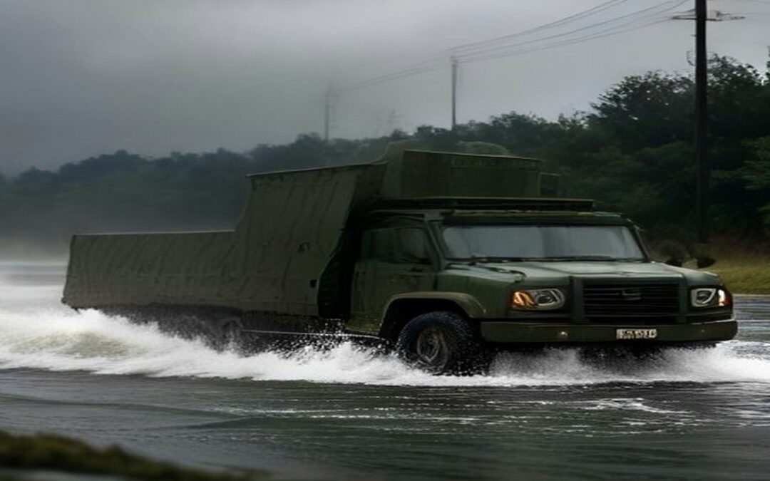 Camión militar verde olivo avanzando por un camino inundado que salpica agua, con árboles al fondo y cielo nublado