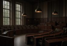 Recinto legislativo vacío con curules de madera, ventanales y lámparas colgantes en penumbra, sin personas