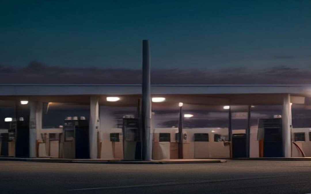 Estación de servicio vacía al anochecer con varias bombas de combustible iluminadas bajo un techo y un poste alto al centro