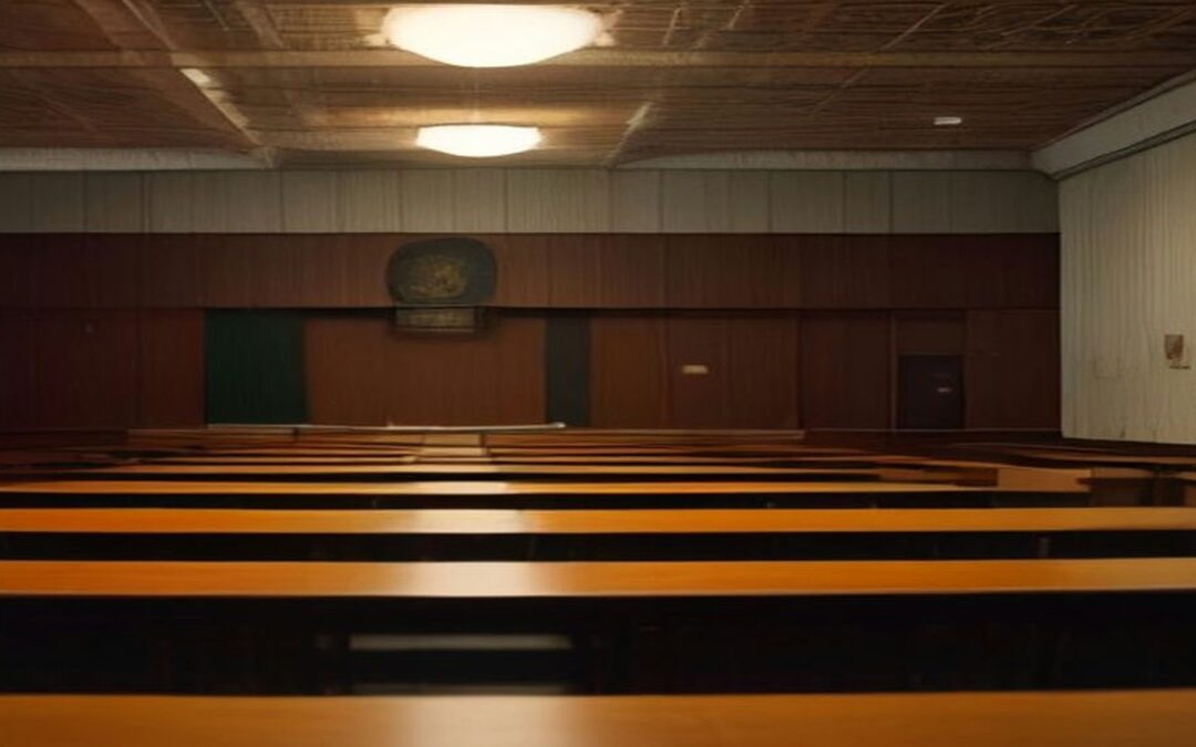 Salón legislativo vacío con curules de madera en semicírculo, micrófonos y carpetas apiladas bajo luz cálida