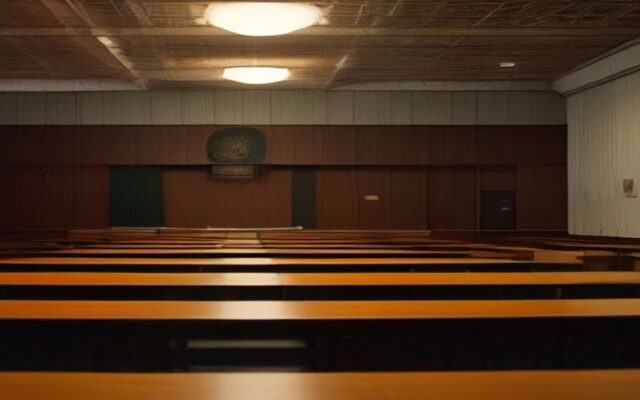Salón legislativo vacío con curules de madera en semicírculo, micrófonos y carpetas apiladas bajo luz cálida