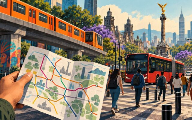 Ilustración conceptual de transporte público, peatones y un plano de recorrido en Ciudad de México.
