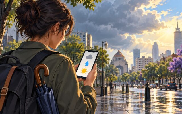 Ilustración de una persona consultando iconos del tiempo en su teléfono antes de caminar por una calle de Ciudad de México.