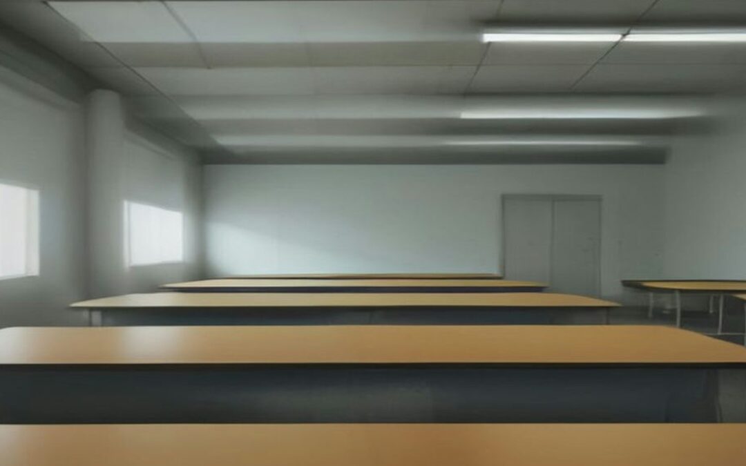 Oficina amplia y vacía con mesas largas de madera, sillas y luz fluorescente en un edificio institucional