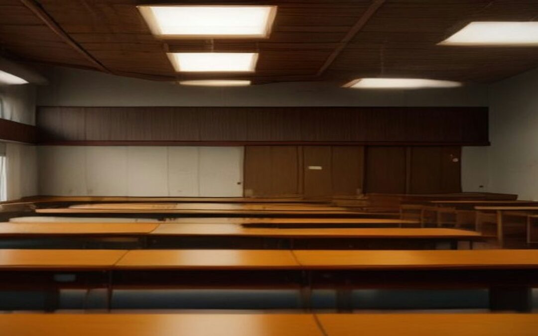 Salón amplio con largas mesas de madera vacías y lámparas en el techo, sin personas