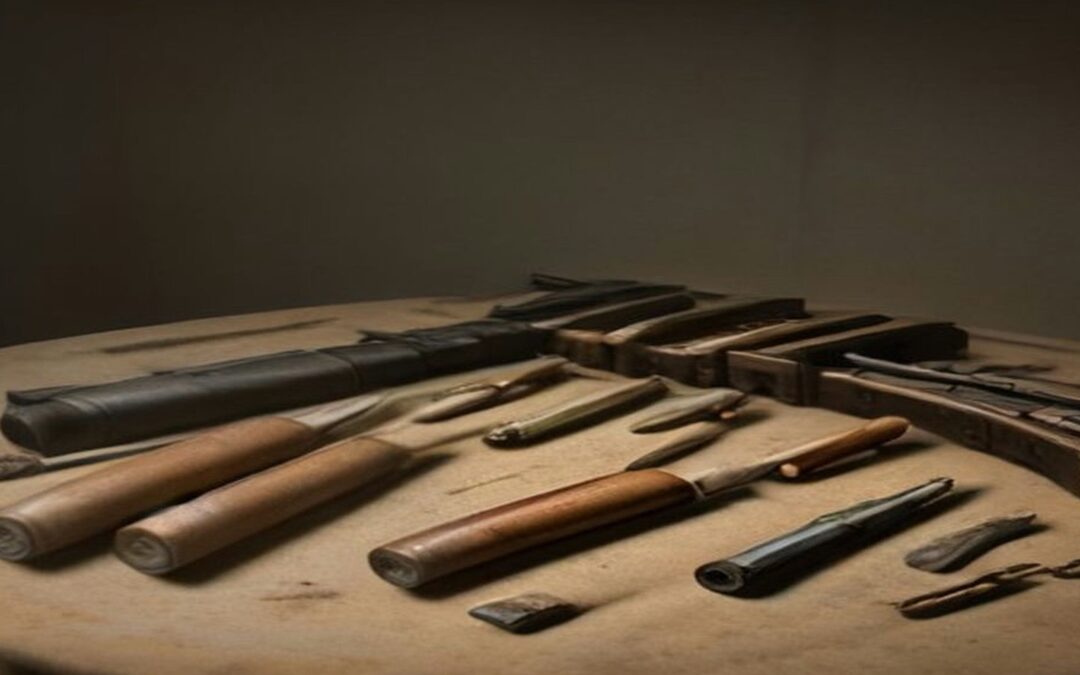 Rifles con culata de madera y piezas metálicas acomodados sobre una mesa en penumbra