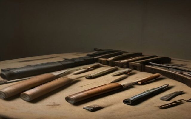 Rifles con culata de madera y piezas metálicas acomodados sobre una mesa en penumbra