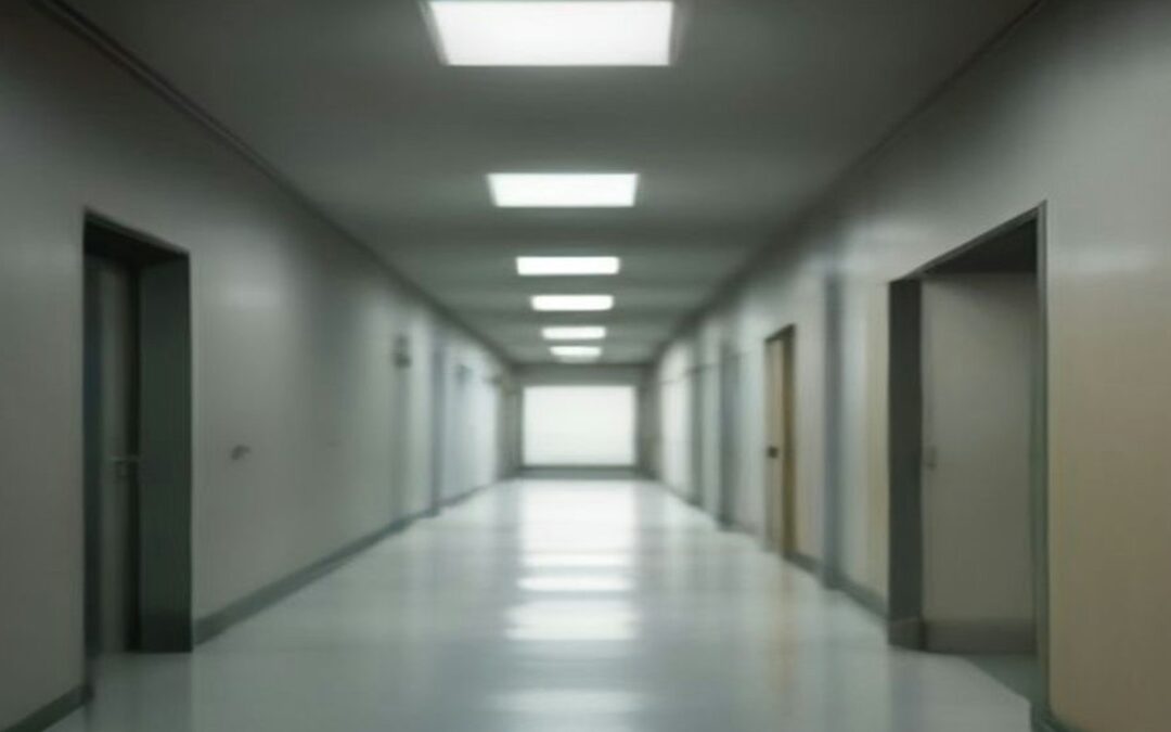 Pasillo largo de un edificio con piso brillante, puertas grises a ambos lados y lámparas fluorescentes en el techo