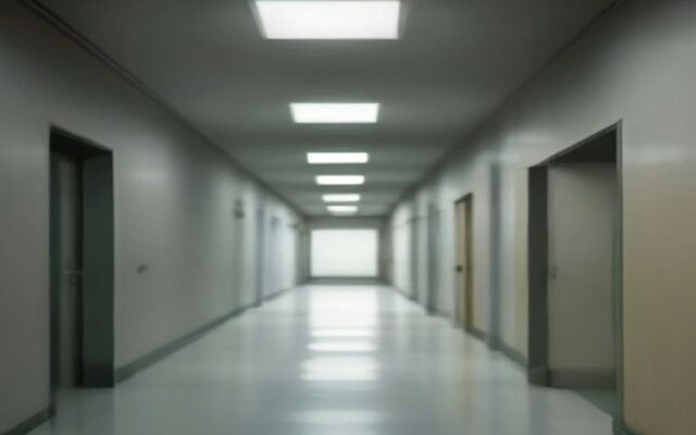 Pasillo largo de un edificio con piso brillante, puertas grises a ambos lados y lámparas fluorescentes en el techo