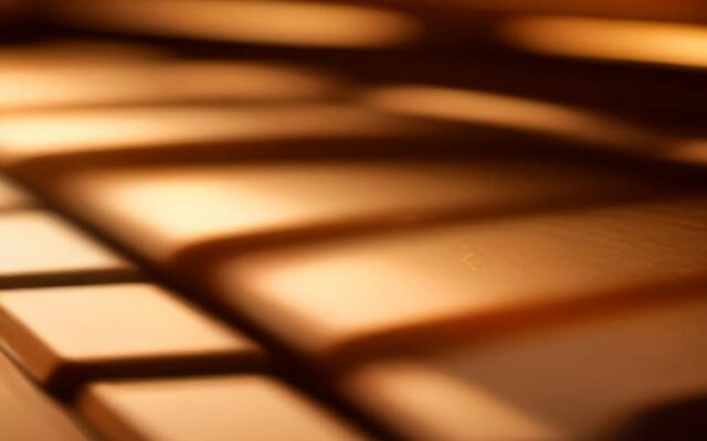 Primer plano de las teclas de un piano iluminadas con luz cálida y dorada