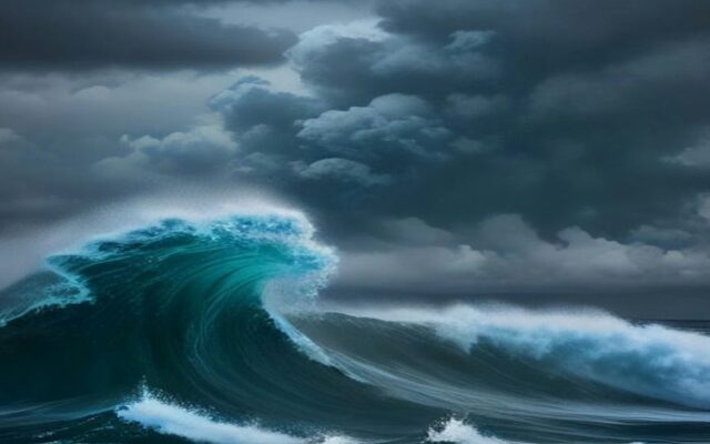 Ola gigante rompiendo bajo nubes de tormenta oscuras en un océano agitado